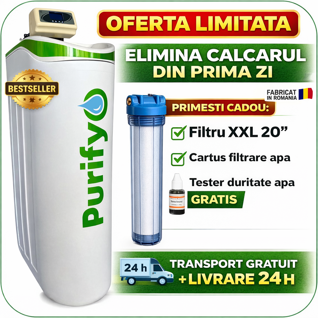 Dedurizator Purifyo 30 Litri+ CADOU: Carcasa filtru, Tester duritate, Cartus filtrare